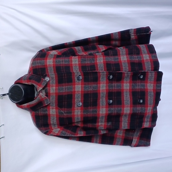 WOOLRICH Raeburn Red Plaid Wool Peacoat Size L, Zip Sleeves, 24" PTP, 26"L,EUC - Picture 1 of 9
